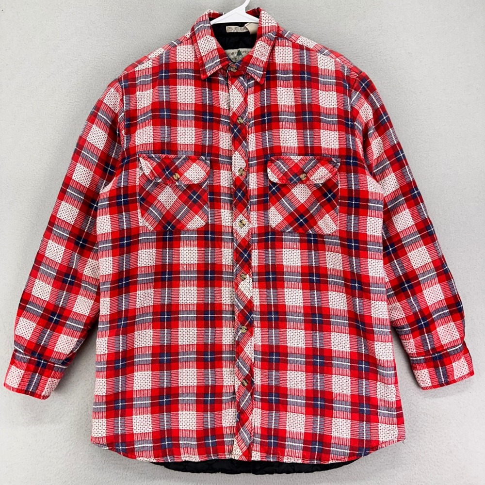 VTG 80s Insulated Flannel Shirt Mens Medium‎ Red Quilt Plaid Soft Long Sleeve